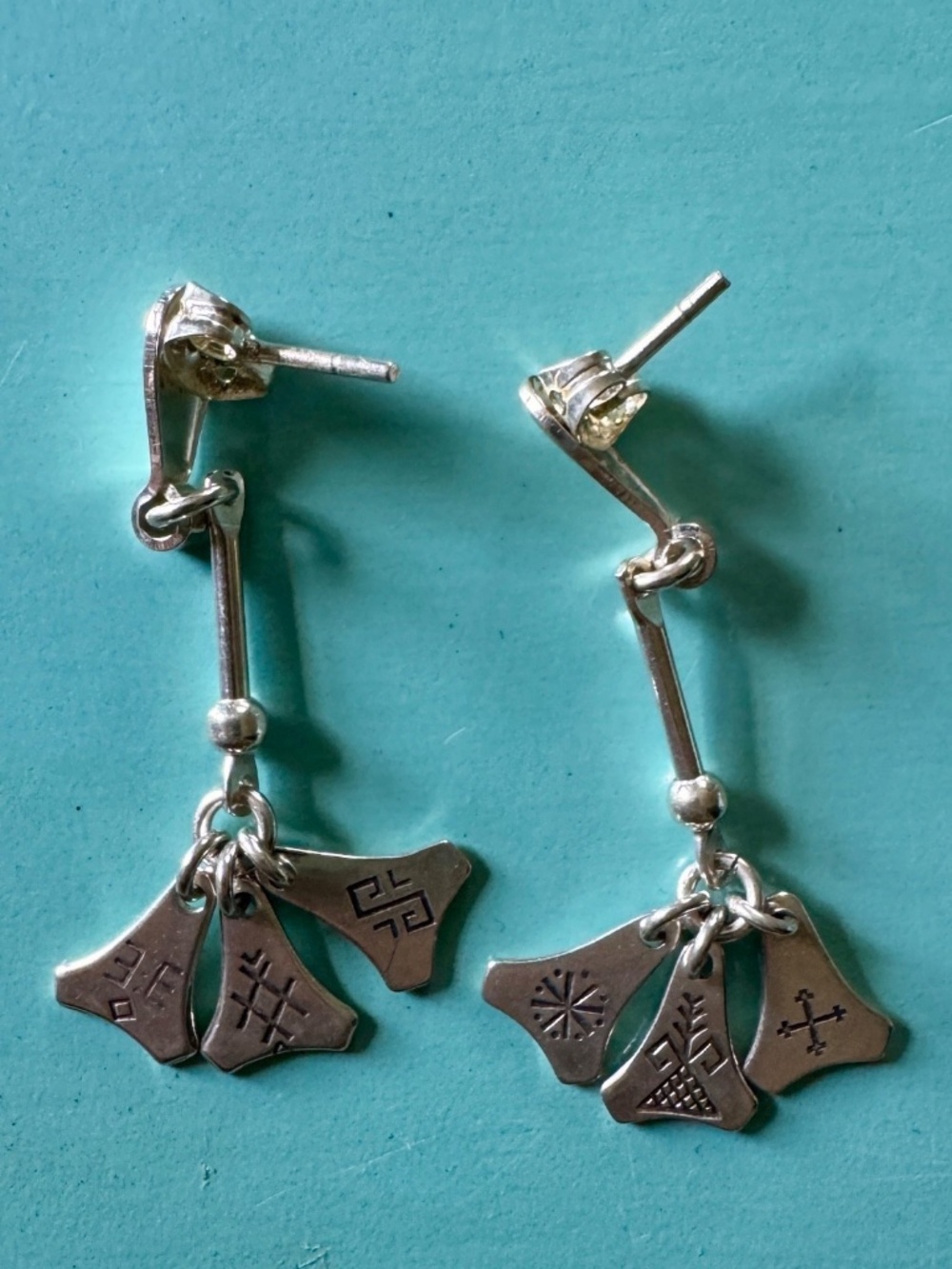 Latvian Three-Charm Dangle Earrings Handcrafted Sterling Silver, 1.5"